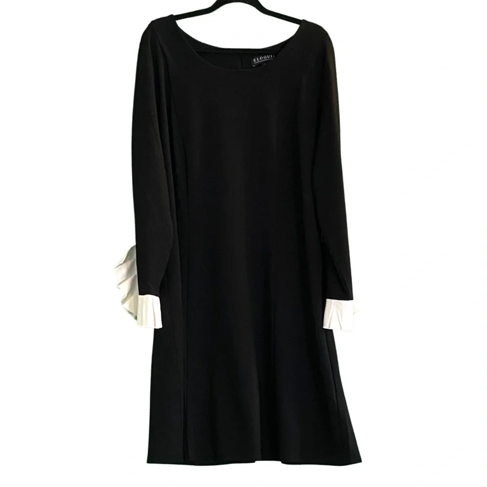 Eloquii Long Sleeve Ivory Ruffle Cuff Round Neck Black Knit Sheath Dress Size 22 - Picture 5 of 8